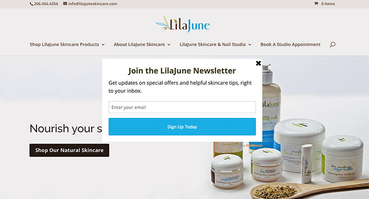 email capture on Lilajuneskincare.com